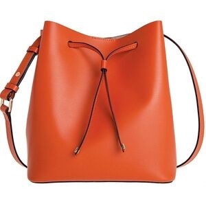 Lodis Orange Drawstring Bucket Shoulder Bag Adjustable Strap Gold Hardware